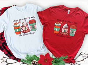 I run on coffee and Christmas cheer t-shirt, stylish red and white womens fashion t-shirt, Makes the perfect gift for coffee lovers, Beautiful quality material, super soft and made of cotton, custom design and made to order in the usa