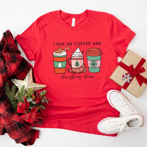 I run on coffee and Christmas cheer t-shirt, stylish red womens fashion t-shirt, Makes the perfect gift for coffee lovers, Beautiful quality material, super soft and made of cotton, custom design and made to order in the usa