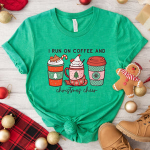 I run on coffee and Christmas cheer green t-shirt, stylish womens fashion t-shirt, Makes the perfect gift for coffee lovers, Beautiful quality material, super soft and made of cotton, custom design and made to order in the usa