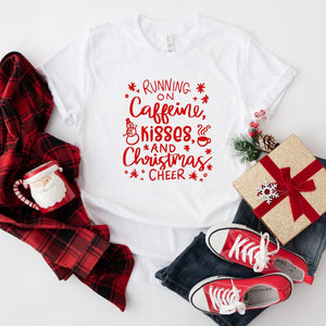 Running on Caffeine, Kisses and Christmas Cheer White Tshirt , Christmas Cheer Tshirt Funny Festive Holiday Gifts, makes the perfect gift for coffee lovers, a great gift for a christmas fan