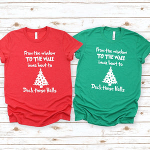 deck these halls green christmas tee, red festive t-shirt for women