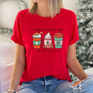 I run on coffee and Christmas cheer t-shirt in the color red, stylish womens fashion t-shirt, Makes the perfect gift for coffee lovers, Beautiful quality material, super soft and made of cotton, custom design and made to order in the usa