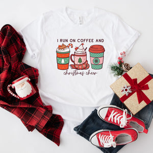 I run on coffee and Christmas cheer t-shirt, stylish womens fashion t-shirt, Makes the perfect gift for coffee lovers, Beautiful quality material, super soft and made of cotton, custom design and made to order in the usa