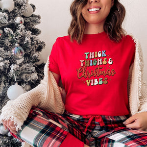 Thick thighs and christmas vibes t-shirt, stylish red xmas t-shirt for women, Makes the perfect gift for those who love Christmas. Beautiful quality and made of cotton, super soft material.