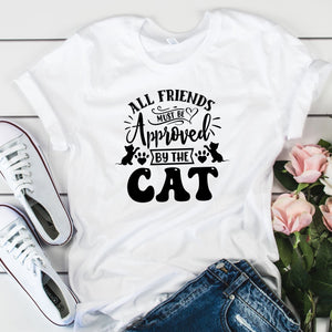 All Friends Must Be Approved By The Cat funny T-Shirt in the colour white with black text.  Cat lovers are going crazy for this T-shirt! Makes the perfect gift for a birthday, special occasion, or the upcoming festive season.  Standard Fit T-Shirts, these are comparable to a unisex size. Quality Guaranteed. Super Soft and Comfortable.
